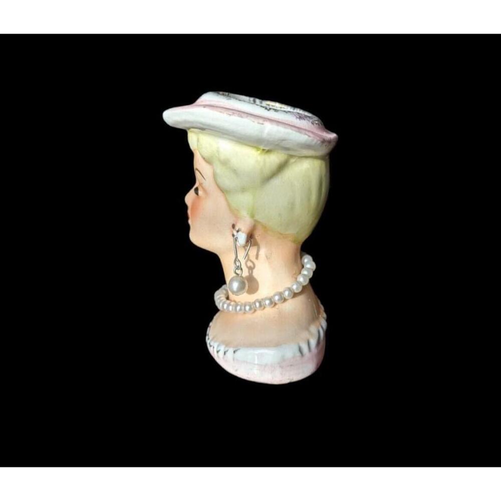 Vintage '50s Japan MINI Lady Head Vase Pearl Earrings - Picture 3 of 11